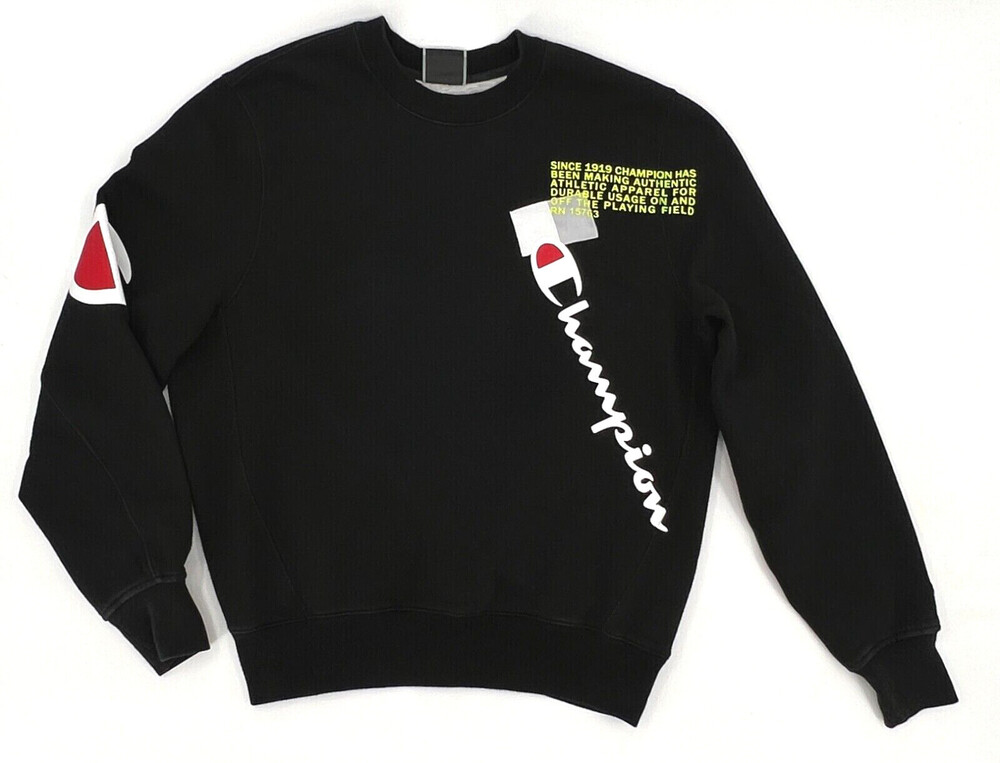 Champion Sweater Men Teens Medium Black Long Sleeve Pull on Crew Neck Logo